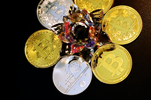 A crystalized flower surrounded by Bitcoins.