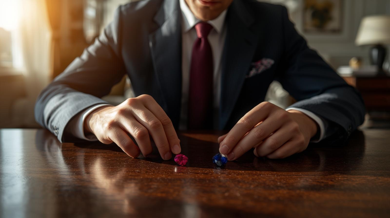Investor inspecting ruby and sapphire in bright luxury apartment interior setting.
