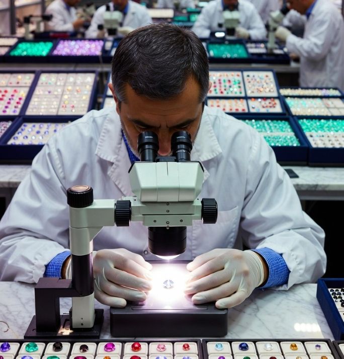 close‑up of a gemologist grading a diamond