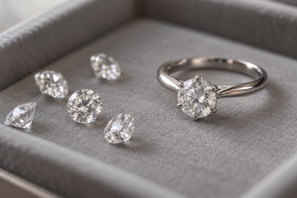 small loose diamonds beside a solitaire ring